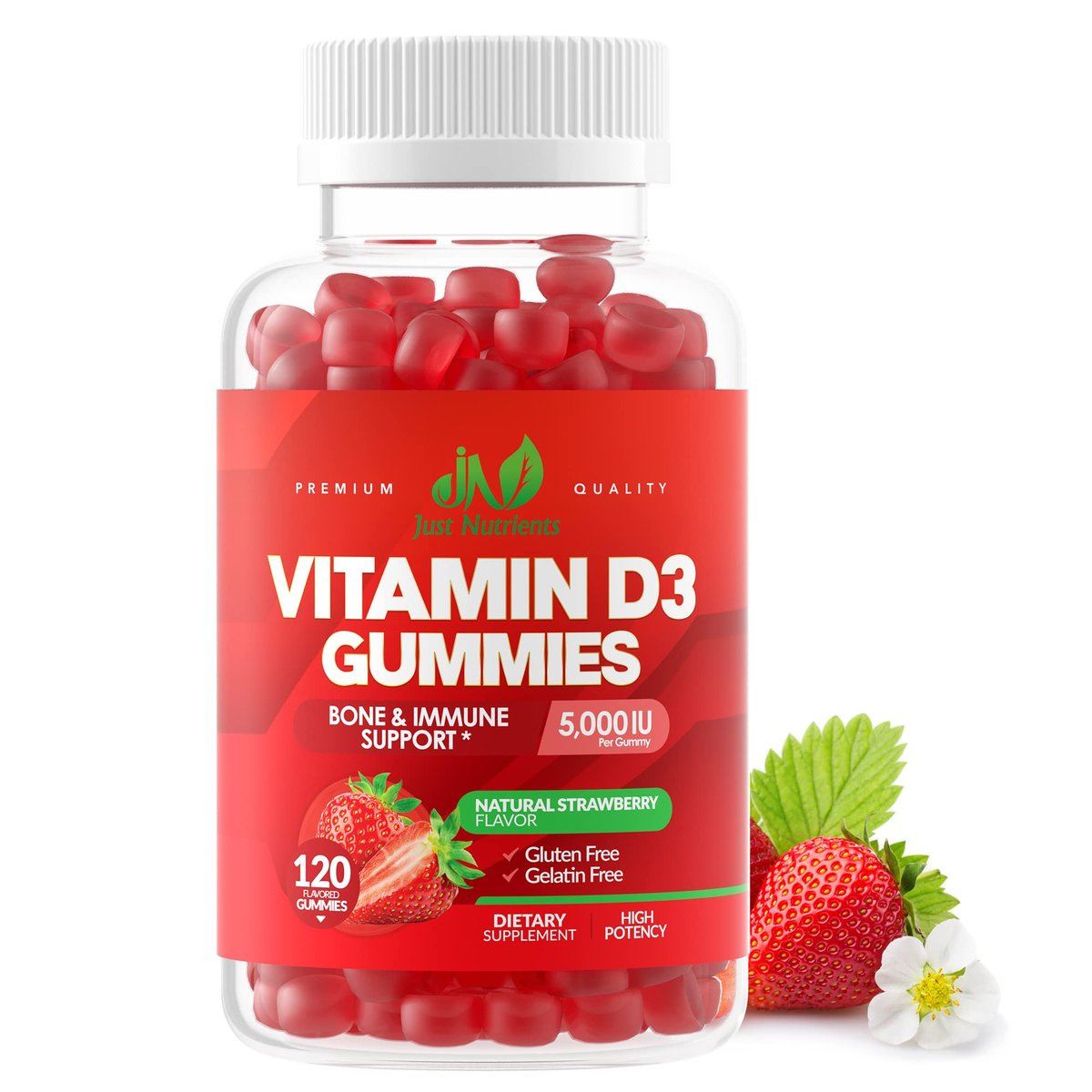 Vitamin D3 5000IU / 10.000IU Gummis für Erwachsene & Kinder (120 Stück) – Maximale Unterstützung für Immunsystem, Knochen & Zähne – Glutenfrei, Nicht-GVO, Erdbeergeschmack – 4-Monatsvorrat