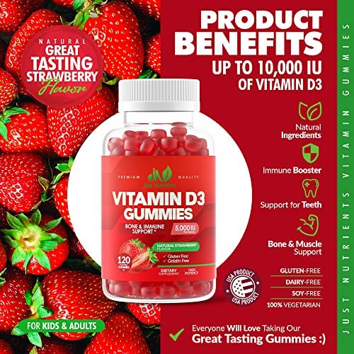 Vitamin D3 5000IU / 10.000IU Gummis für Erwachsene & Kinder (120 Stück) – Maximale Unterstützung für Immunsystem, Knochen & Zähne – Glutenfrei, Nicht-GVO, Erdbeergeschmack – 4-Monatsvorrat