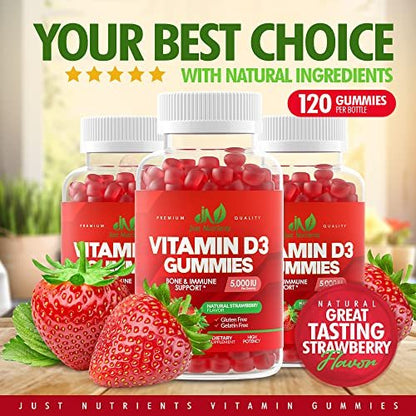 Vitamin D3 5000IU / 10.000IU Gummis für Erwachsene & Kinder (120 Stück) – Maximale Unterstützung für Immunsystem, Knochen & Zähne – Glutenfrei, Nicht-GVO, Erdbeergeschmack – 4-Monatsvorrat