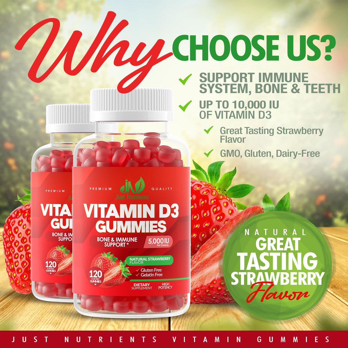 Vitamin D3 5000IU / 10.000IU Gummis für Erwachsene & Kinder (120 Stück) – Maximale Unterstützung für Immunsystem, Knochen & Zähne – Glutenfrei, Nicht-GVO, Erdbeergeschmack – 4-Monatsvorrat