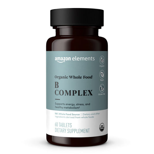 Amazon Elements Organic Whole Food B-Komplex – 98 % Vollwertkostquelle, Nahrungsergänzungsmittel mit Vitaminen aus Vollwertkost, 60 Tabletten