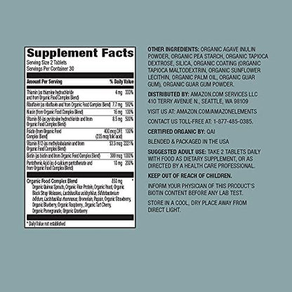 Amazon Elements Organic Whole Food B-Komplex – 98 % Vollwertkostquelle, Nahrungsergänzungsmittel mit Vitaminen aus Vollwertkost, 60 Tabletten