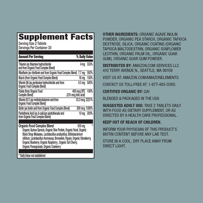 Amazon Elements Organic Whole Food B-Komplex – 98 % Vollwertkostquelle, Nahrungsergänzungsmittel mit Vitaminen aus Vollwertkost, 60 Tabletten