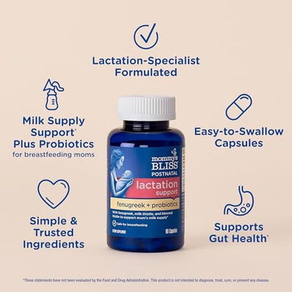 Mommy's Bliss Postnatales Stillunterstützungspräparat mit Probiotika: Fenchel, Bockshornklee, Mariendistel und Milchdistel für die Milchproduktion, postpartale Immununterstützung (60 Portionen)