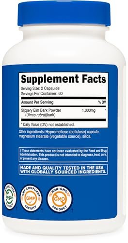 Nutricost Ulmenrinde Kapseln 1000mg pro Portion, 120 Kapseln - Non-GMO, Glutenfrei, Vegetarierfreundlich