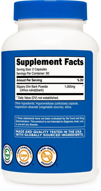 Nutricost Ulmenrinde Kapseln 1000mg pro Portion, 120 Kapseln - Non-GMO, Glutenfrei, Vegetarierfreundlich