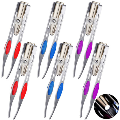 Tatuo 6er-Set Edelstahl-Pinzetten mit LED, Make-up-Wimpern-Augenbrauen-Haarentfernung beleuchtete Pinzetten für Präzision (Rot, Lila, Dunkelblau)