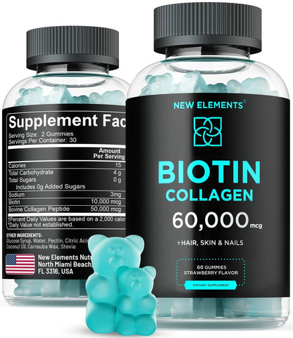 Biotin & Collagen Peptides Gummies – 50.000 mcg Kollagen + 10.000 mcg Biotin | Haar, Haut & Nägel Unterstützung für Männer & Frauen | Haarwachstum, strahlende Haut & starke Nägel | Nicht-GVO, kaubar, großartiger Geschmack