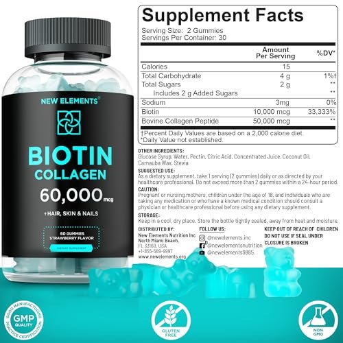 Biotin & Collagen Peptides Gummies – 50.000 mcg Kollagen + 10.000 mcg Biotin | Haar, Haut & Nägel Unterstützung für Männer & Frauen | Haarwachstum, strahlende Haut & starke Nägel | Nicht-GVO, kaubar, großartiger Geschmack