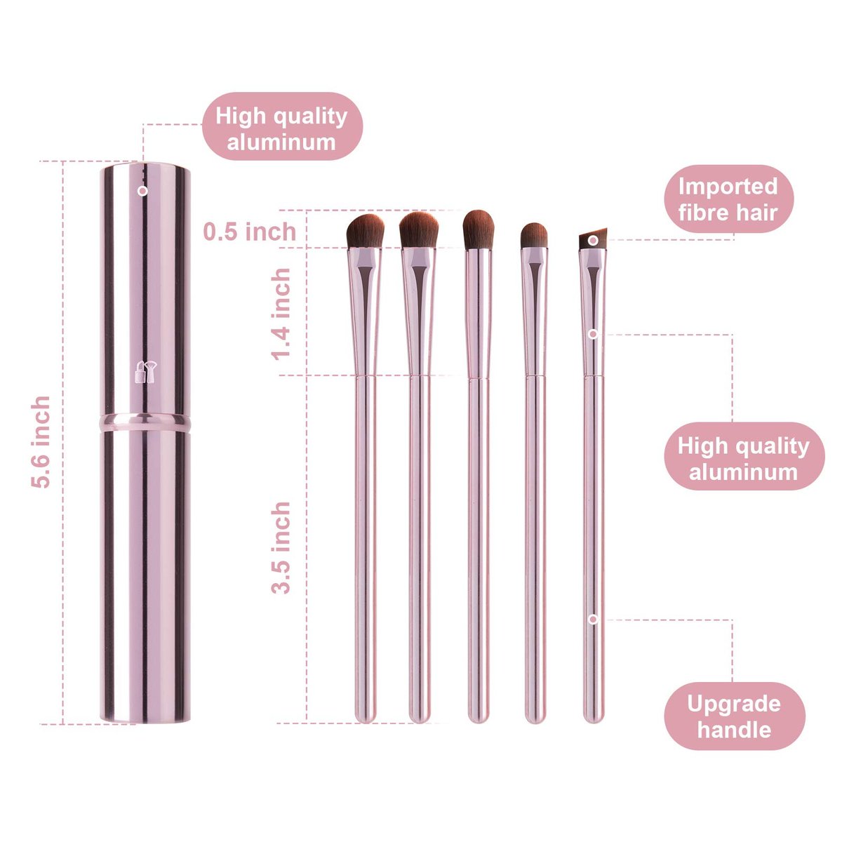 5-teiliges Augen-Make-up-Pinselset, tragbare Lidschattenpinsel, Eyeliner-Pinsel, abgewinkelter Augenbrauenpinsel, Lippenpinsel, kleiner Concealer-Pinsel mit Etui (pink)