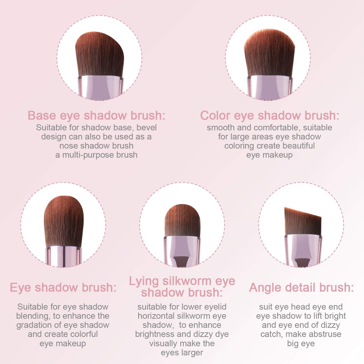 5-teiliges Augen-Make-up-Pinselset, tragbare Lidschattenpinsel, Eyeliner-Pinsel, abgewinkelter Augenbrauenpinsel, Lippenpinsel, kleiner Concealer-Pinsel mit Etui (pink)