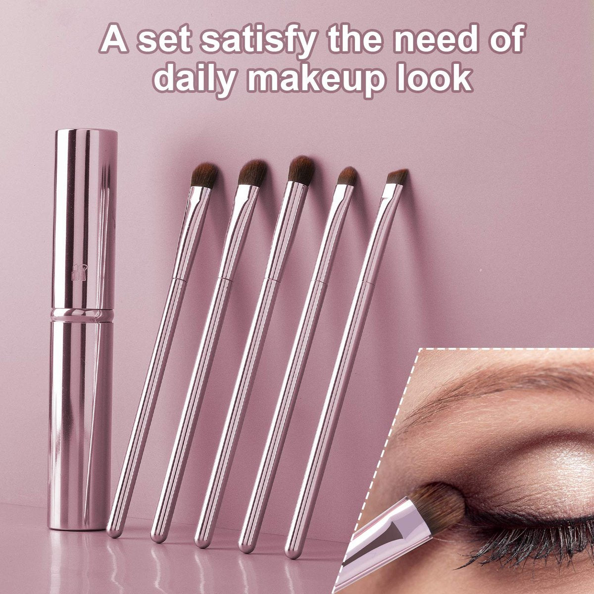 5-teiliges Augen-Make-up-Pinselset, tragbare Lidschattenpinsel, Eyeliner-Pinsel, abgewinkelter Augenbrauenpinsel, Lippenpinsel, kleiner Concealer-Pinsel mit Etui (pink)