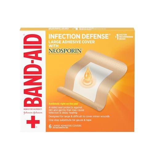 Band-Aid Marke Infektionsschutz Wundpflaster mit Neosporin Antibiotischer Salbe auf der Kompresse – Groß, 6 Stück, Steril