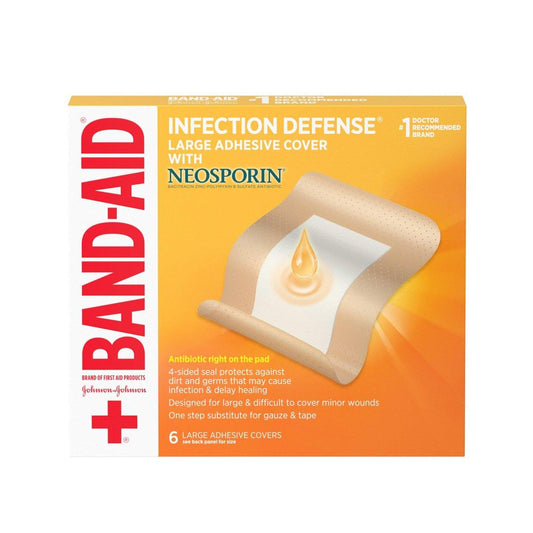 Band-Aid Marke Infektionsschutz Wundpflaster mit Neosporin Antibiotischer Salbe auf der Kompresse – Groß, 6 Stück, Steril