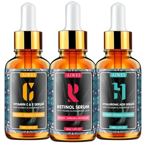AIWEI Gesichtsserum Set – Vitamin C, Retinol & Hyaluronsäure – Verbessert Hautstruktur, Ausstrahlung & Feuchtigkeit – Tag- und Nachtpflege für alle Hauttypen