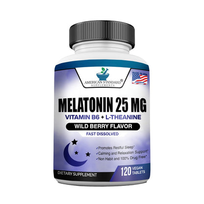Melatonin 25mg pro Tablette, 120 Kautabletten mit L-Theanin & Vitamin B-6 - Unterstützt gesunden Schlafzyklus, fördert erholsamen Schlaf - Vegan, NON GMO, Hergestellt in USA