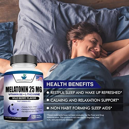 Melatonin 25mg pro Tablette, 120 Kautabletten mit L-Theanin & Vitamin B-6 - Unterstützt gesunden Schlafzyklus, fördert erholsamen Schlaf - Vegan, NON GMO, Hergestellt in USA