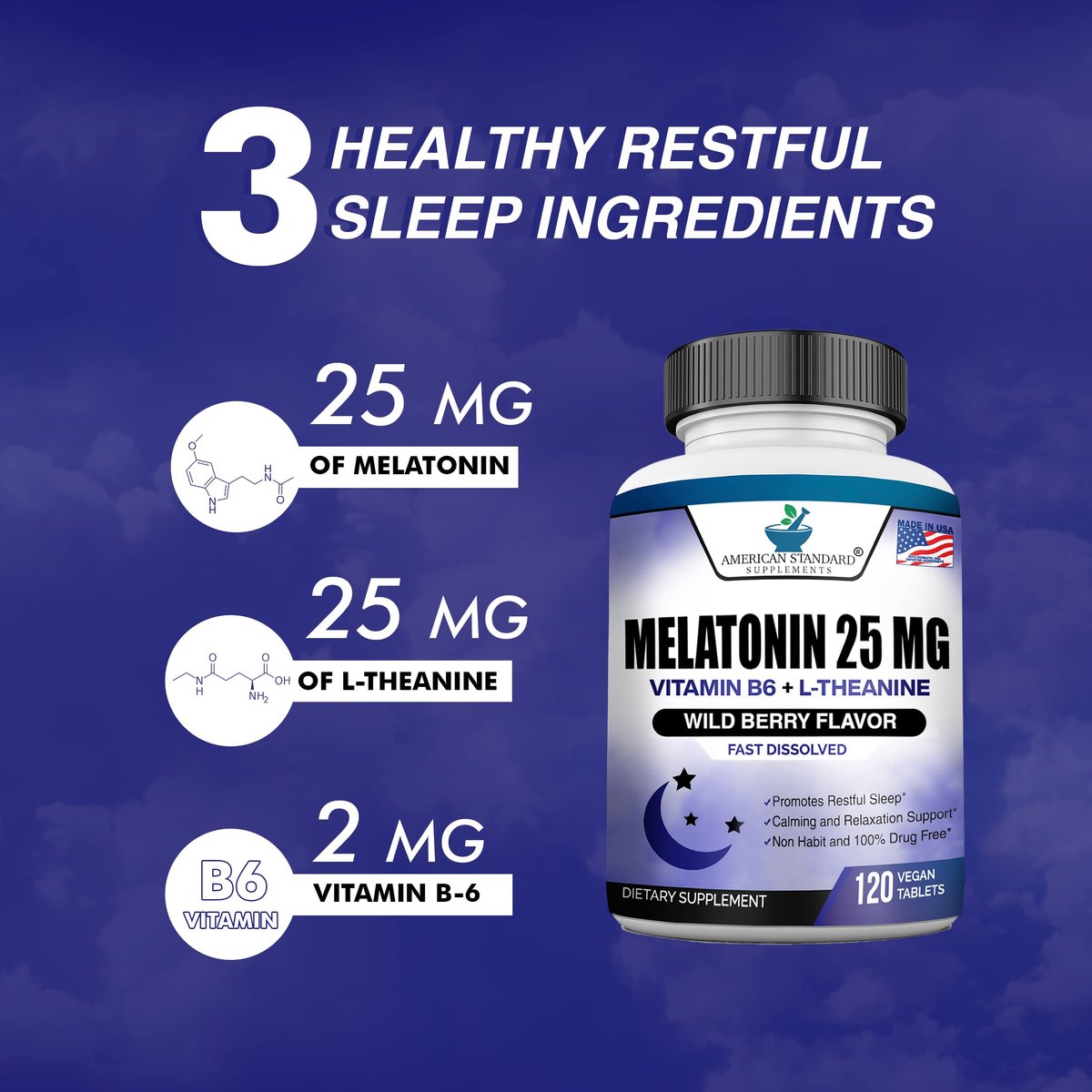 Melatonin 25mg pro Tablette, 120 Kautabletten mit L-Theanin & Vitamin B-6 - Unterstützt gesunden Schlafzyklus, fördert erholsamen Schlaf - Vegan, NON GMO, Hergestellt in USA