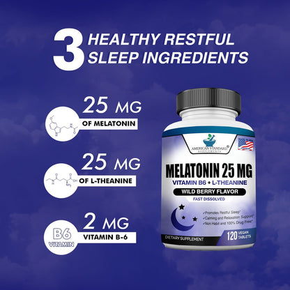 Melatonin 25mg pro Tablette, 120 Kautabletten mit L-Theanin & Vitamin B-6 - Unterstützt gesunden Schlafzyklus, fördert erholsamen Schlaf - Vegan, NON GMO, Hergestellt in USA