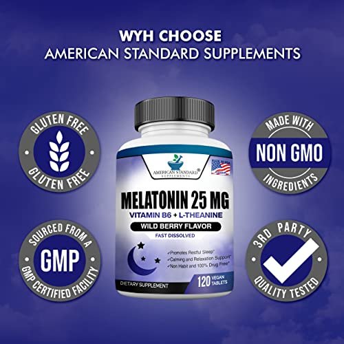Melatonin 25mg pro Tablette, 120 Kautabletten mit L-Theanin & Vitamin B-6 - Unterstützt gesunden Schlafzyklus, fördert erholsamen Schlaf - Vegan, NON GMO, Hergestellt in USA