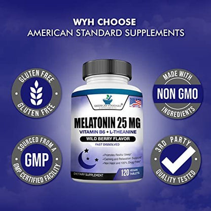 Melatonin 25mg pro Tablette, 120 Kautabletten mit L-Theanin & Vitamin B-6 - Unterstützt gesunden Schlafzyklus, fördert erholsamen Schlaf - Vegan, NON GMO, Hergestellt in USA