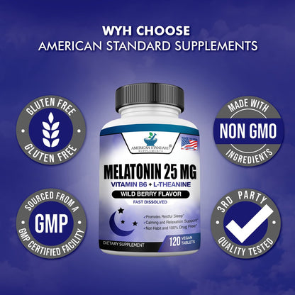 Melatonin 25mg pro Tablette, 120 Kautabletten mit L-Theanin & Vitamin B-6 - Unterstützt gesunden Schlafzyklus, fördert erholsamen Schlaf - Vegan, NON GMO, Hergestellt in USA