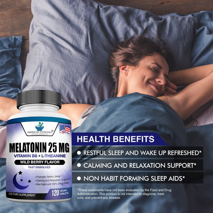 Melatonin 25mg pro Tablette, 120 Kautabletten mit L-Theanin & Vitamin B-6 - Unterstützt gesunden Schlafzyklus, fördert erholsamen Schlaf - Vegan, NON GMO, Hergestellt in USA