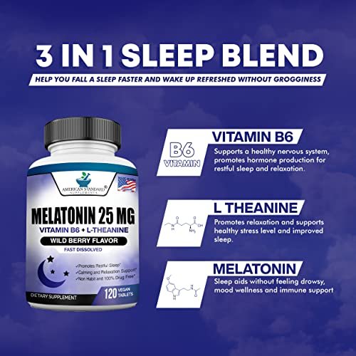 Melatonin 25mg pro Tablette, 120 Kautabletten mit L-Theanin & Vitamin B-6 - Unterstützt gesunden Schlafzyklus, fördert erholsamen Schlaf - Vegan, NON GMO, Hergestellt in USA