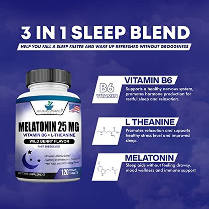 Melatonin 25mg pro Tablette, 120 Kautabletten mit L-Theanin & Vitamin B-6 - Unterstützt gesunden Schlafzyklus, fördert erholsamen Schlaf - Vegan, NON GMO, Hergestellt in USA