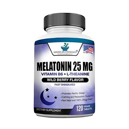Melatonin 25mg pro Tablette, 120 Kautabletten mit L-Theanin & Vitamin B-6 - Unterstützt gesunden Schlafzyklus, fördert erholsamen Schlaf - Vegan, NON GMO, Hergestellt in USA