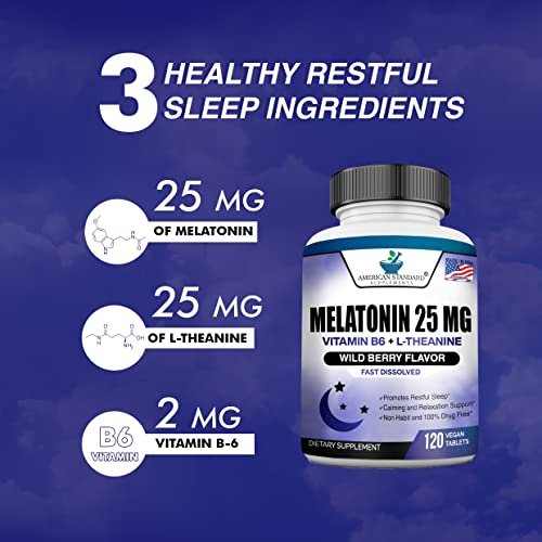 Melatonin 25mg pro Tablette, 120 Kautabletten mit L-Theanin & Vitamin B-6 - Unterstützt gesunden Schlafzyklus, fördert erholsamen Schlaf - Vegan, NON GMO, Hergestellt in USA