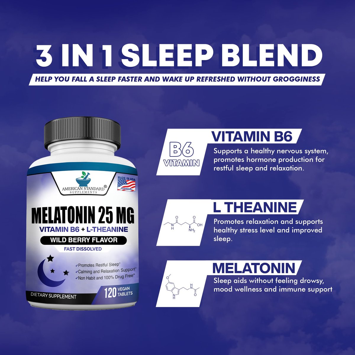Melatonin 25mg pro Tablette, 120 Kautabletten mit L-Theanin & Vitamin B-6 - Unterstützt gesunden Schlafzyklus, fördert erholsamen Schlaf - Vegan, NON GMO, Hergestellt in USA