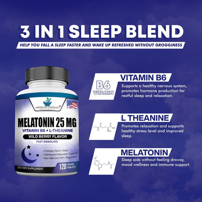 Melatonin 25mg pro Tablette, 120 Kautabletten mit L-Theanin & Vitamin B-6 - Unterstützt gesunden Schlafzyklus, fördert erholsamen Schlaf - Vegan, NON GMO, Hergestellt in USA
