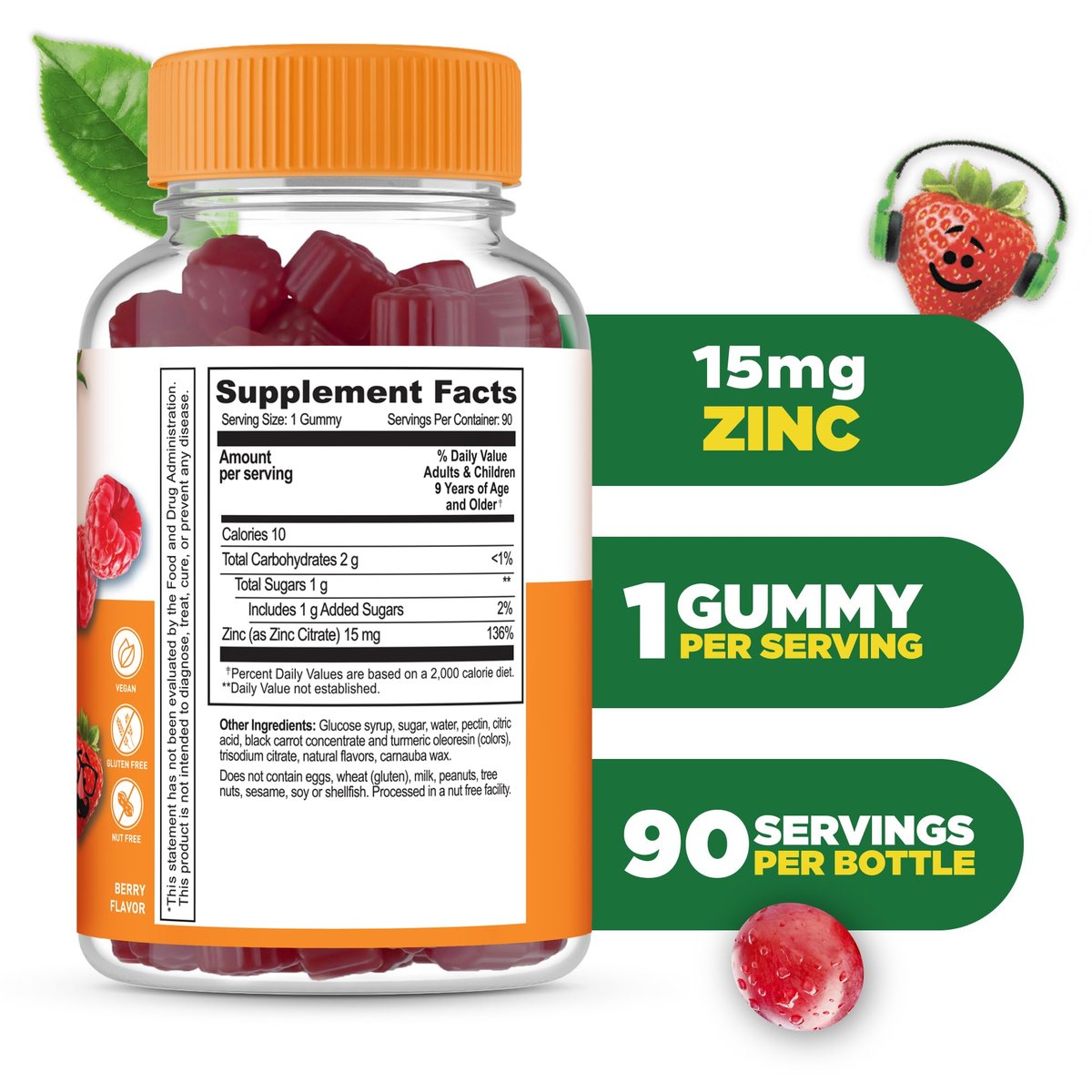 Lifeable Zink Gummis für Kinder | 15 mg | Lecker schmeckende Zink-Ergänzung | GVO-frei, vegetarisch | Für gesunde Haut und Immununterstützung | 90 Gummis