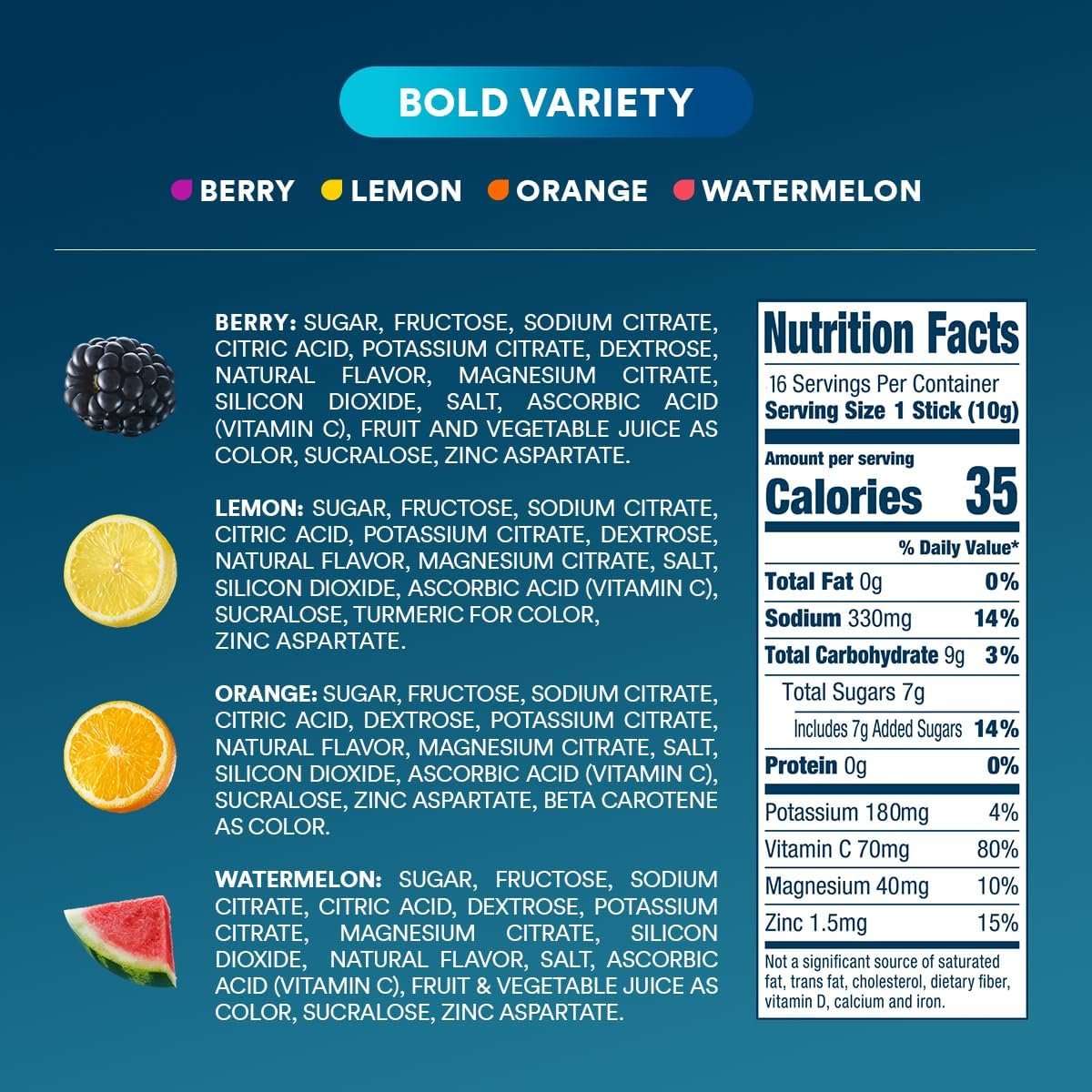 DripDrop Hydration Packets – Bold Variety Pack – Elektrolyt-Pulver für Getränke – Wassermelone, Beere, Zitrone, Orange – Non-GMO, glutenfrei, vegan – 16 Sticks