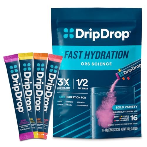 DripDrop Hydration Packets – Bold Variety Pack – Elektrolyt-Pulver für Getränke – Wassermelone, Beere, Zitrone, Orange – Non-GMO, glutenfrei, vegan – 16 Sticks
