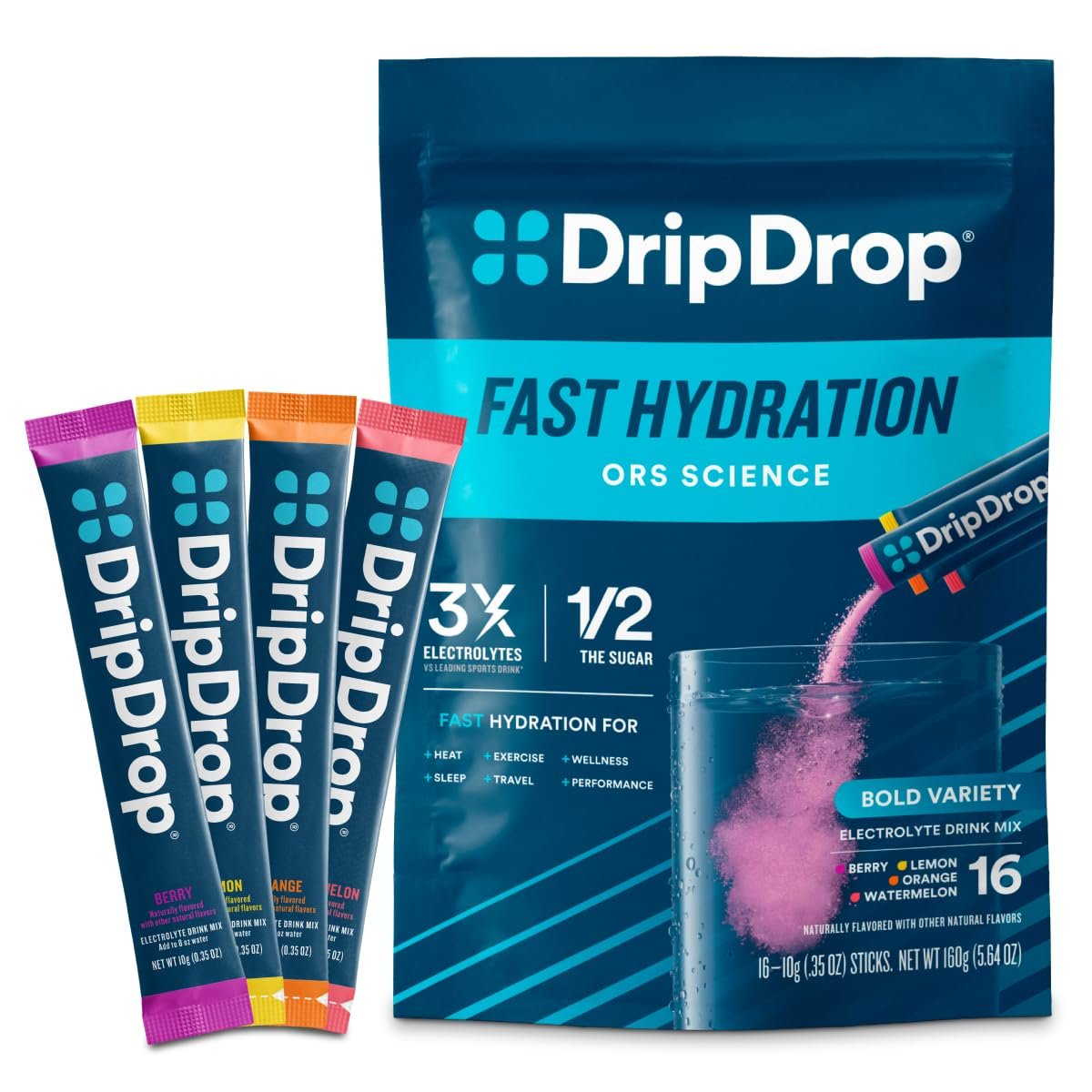 DripDrop Hydration Packets – Bold Variety Pack – Elektrolyt-Pulver für Getränke – Wassermelone, Beere, Zitrone, Orange – Non-GMO, glutenfrei, vegan – 16 Sticks