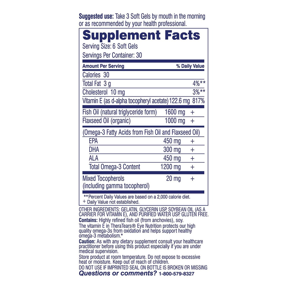 TheraTears Omega-3 Nahrungsergänzungsmittel für die Augengesundheit, 1200mg Fischöl und Bio-Leinöl mit Vitamin E, 180 Kapseln