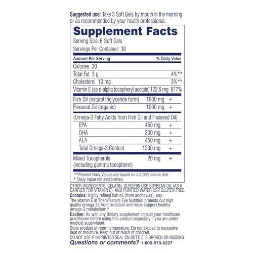 TheraTears Omega-3 Nahrungsergänzungsmittel für die Augengesundheit, 1200mg Fischöl und Bio-Leinöl mit Vitamin E, 180 Kapseln