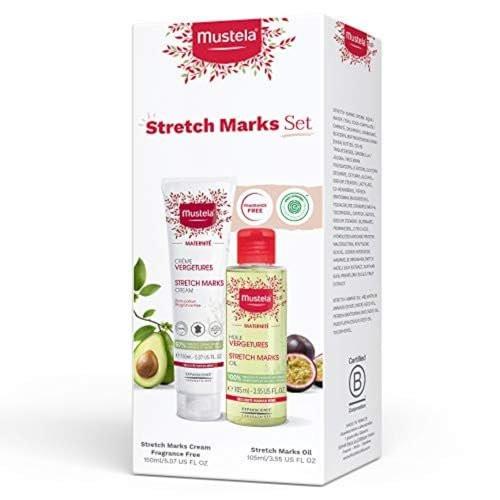 Mustela Schwangerschafts-Stretch-Marks Set – Natürliche Hautpflege für die Schwangerschaft – Enthält Stretch-Marks Creme & Bauchöl – EWG-verifiziert & duftstofffrei – 2-teiliges Set