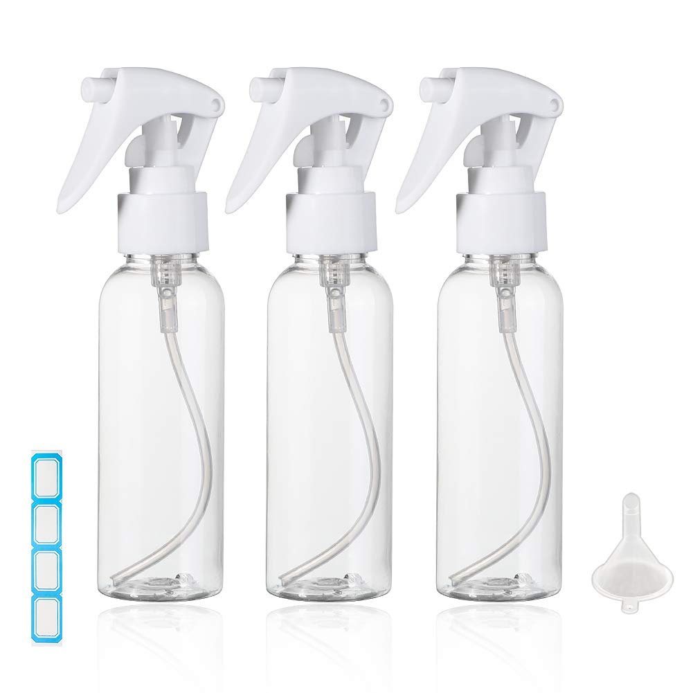 TANCANO Reisegröße Sprühflasche, 3,4 oz/100 ml Kunststoff-Feinsprühflasche Set, nachfüllbare Flüssigkeitsbehälter, 3er-Pack klare Sprühflaschen mit Trichter und Etiketten für Styling, Küche, Haushalt, Büro