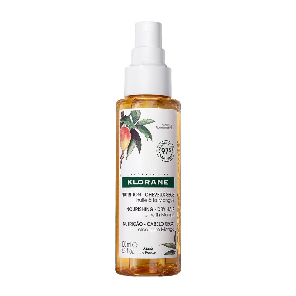 Klorane Pflegendes Trockenhaar-Öl mit Mango – Feuchtigkeitsspendender und schützender Zweiphasen-Spray, paraben-, sulfat- und alkoholfrei, vegan, dermatologisch getestet