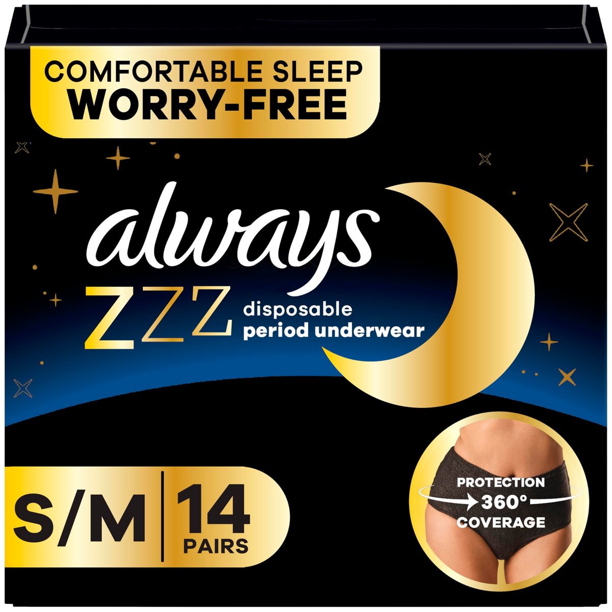 Always ZZZ Nachthemden für Damen, Einweg-Unterwäsche für die Periode, Größe S/M, 360°-Schutz für sorgenfreie Nächte, 14 Stück (2 x 7)