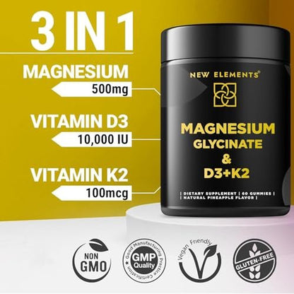Calm Magnesium Glycinate Gummies 500mg mit hochdosiertem Vitamin D3 10000 IE & Vitamin K2 100mcg | Stressabbau, Entspannung & Knochenunterstützung für Erwachsene | Vegan, Nicht-GVO, Glutenfrei, Ananasgeschmack