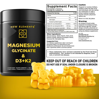 Calm Magnesium Glycinate Gummies 500mg mit hochdosiertem Vitamin D3 10000 IE & Vitamin K2 100mcg | Stressabbau, Entspannung & Knochenunterstützung für Erwachsene | Vegan, Nicht-GVO, Glutenfrei, Ananasgeschmack