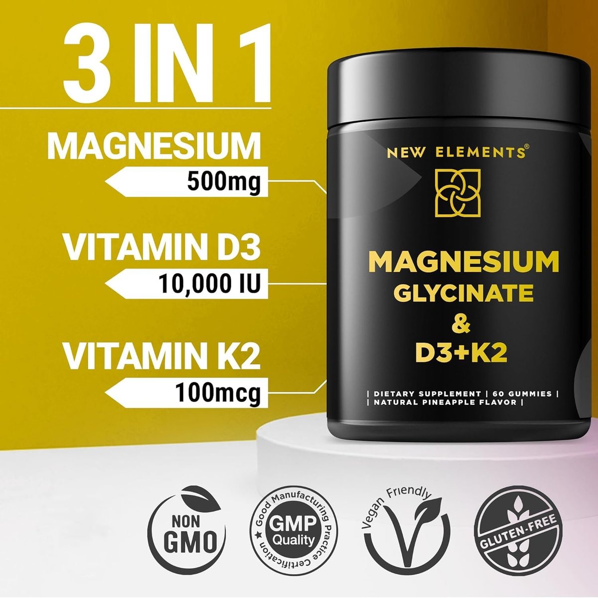 Calm Magnesium Glycinate Gummies 500mg mit hochdosiertem Vitamin D3 10000 IE & Vitamin K2 100mcg | Stressabbau, Entspannung & Knochenunterstützung für Erwachsene | Vegan, Nicht-GVO, Glutenfrei, Ananasgeschmack