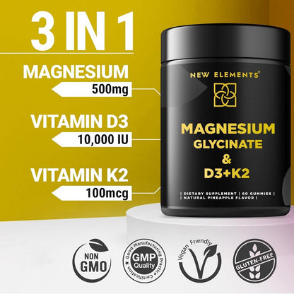 Calm Magnesium Glycinate Gummies 500mg mit hochdosiertem Vitamin D3 10000 IE & Vitamin K2 100mcg | Stressabbau, Entspannung & Knochenunterstützung für Erwachsene | Vegan, Nicht-GVO, Glutenfrei, Ananasgeschmack