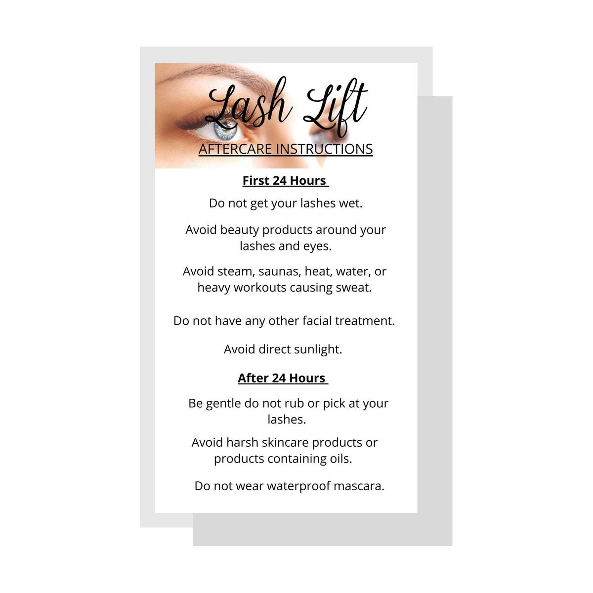 Lash Lift Aftercare Anleitungskarten | 50 Stück | 2 x 3,5 Zoll Visitenkarte Einseitig bedruckt | Wimpernlifting Set für zu Hause Nachsorgebedarf | Blaues Foto-Design