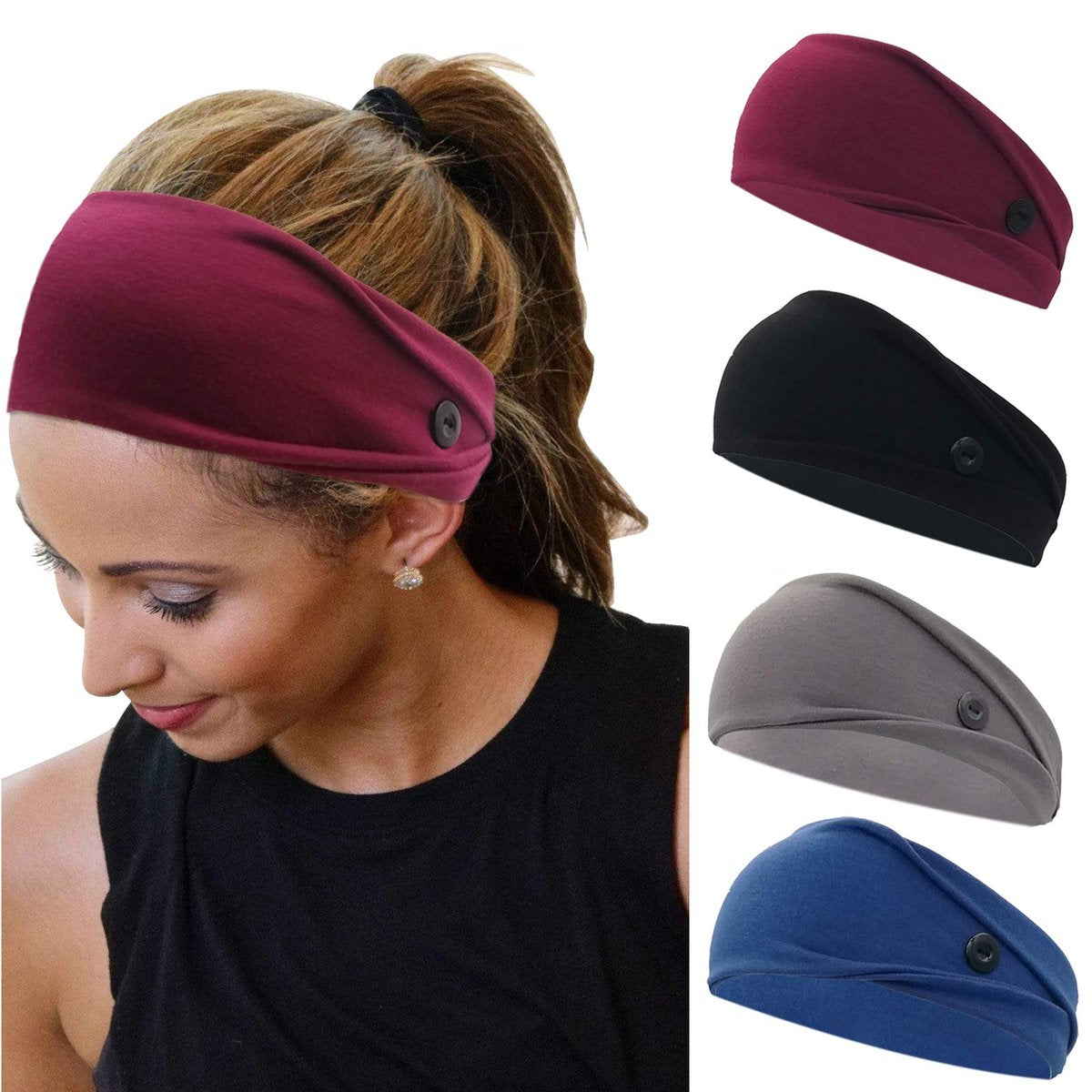 YONUF Stirnbänder für Frauen, Krankenschwestern, Ärzte mit Knöpfen, elastische Yoga-Haarbänder, Accessoires, rutschfest, 4 Stück