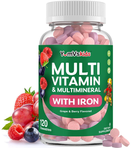 YumVs Kinder Multivitamin mit Eisen & Mineralien – Kautabletten – Trauben- und Beerengeschmack – für Kleinkinder & Kinder ab 2 Jahren – tägliches Multivitamin für Immununterstützung – Koscher, Nicht-GVO – 120 Kautabletten